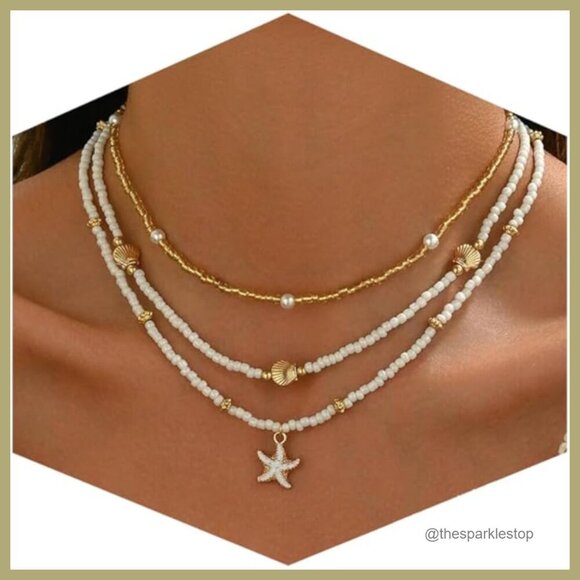 Jewelry - 14k Gold Plated Boho Layered Beaded Charm Pendant Necklace